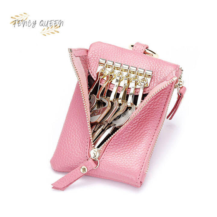 Portable Mini Upper Top Grain Genuine Leather Zipper Style Large Capacity Multifunction Key Ring