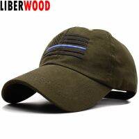 【KFAS Clothing Store】 LIBERWOOD American Flag Thin Blue Line Low Profile หมวกยุทธวิธีหมวกสำหรับการบังคับใช้กฎหมายตำรวจสีน้ำเงินปักหมวกเบสบอลหมวก