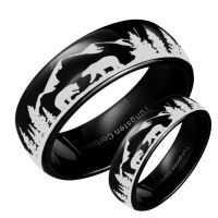 His Hers Two Bears Tungsten Rings Mountains Forest Landscape Rings Black Tungsten Wedding Bands Set Couple Anniversary Rings