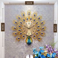 LRF 26 Inch Peacock Clocks European Style Living Room Wall Clock Mute Luminous Quartz Watches