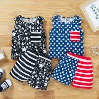 Newborn Baby Girl Boy Two-Piece Outfits, Stars Horizontal Stripes Sleeveless O-Neck Pocket Vest + Elastic Waist Short Pants 0-3T  by Hs2023