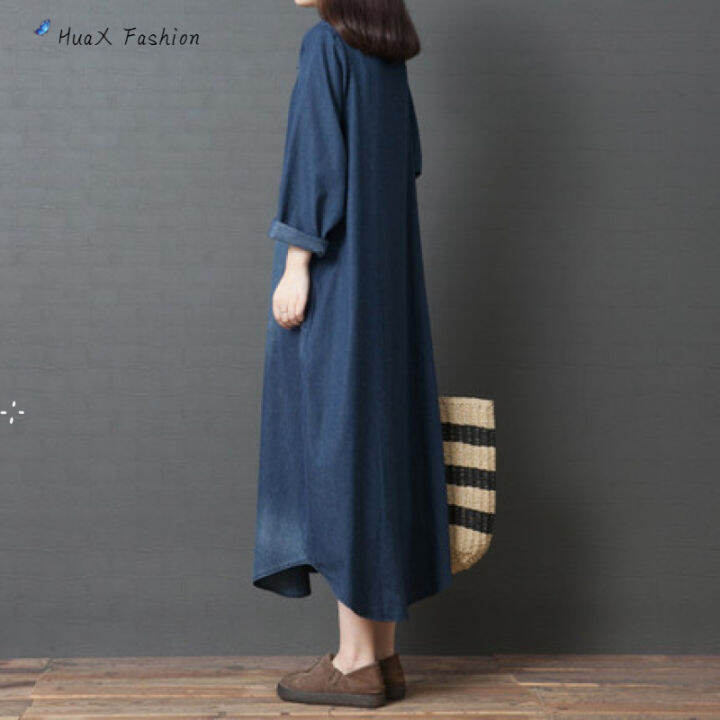 huax-women-denim-shirt-dress-fashion-clothing-lapel-long-sleeves-a-line-skirt-loose-large-size-midi-skirt