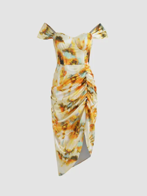 Cider Illusion Tie Dye Ruched Maxi Dress เดรสปาดไหล่ผู้หญิง เดรสแฟชั่น