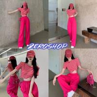 Zero shop?พร้อมส่ง? (Zero-DX-1619)  ชุดเซ็ต เสื้อครอปแขนสั้น+กางเกงขายาว สีแดงชมพูแจ่มๆ