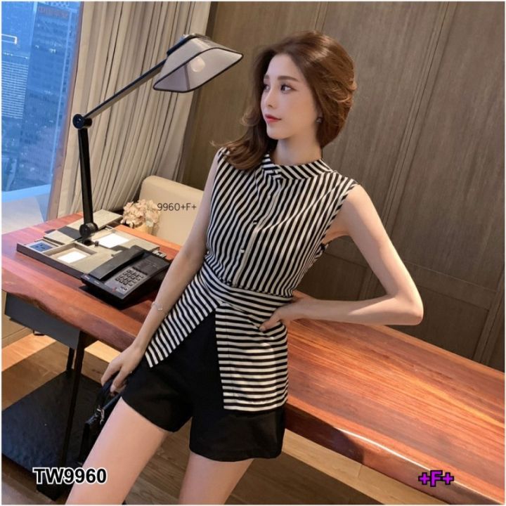 tw9960-set-เสื้อคอจีนแขนกุด-ลายริ้ว-กางเกงขาสั้น-สายผูกเอว