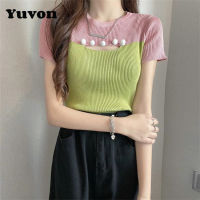 Yuvon Summer 2023 New Contrast color Ice Silk Short Sleeve Knitted blouse for women Bottom Shirt Spicy Girls crop top