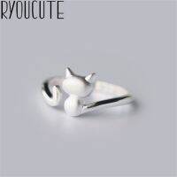 Ryoucute 100% สีเงินจริงเกินบุคลิกแมวใหญ่สัตว์แหวนสำหรับผู้หญิงแหวนใส่นิ้วปรับได้