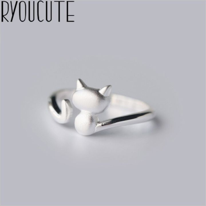 ryoucute-100-สีเงินจริงเกินบุคลิกแมวใหญ่สัตว์แหวนสำหรับผู้หญิงแหวนใส่นิ้วปรับได้