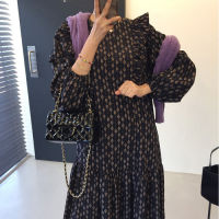 MATAKAWA Ruffle Stitching Loose Vestidos Korea Chic Autumn Round Neck Print Femme Robe Casual Long Maxi Dresses for Women