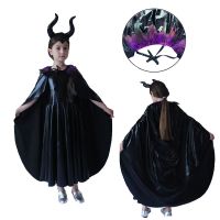 เครื่องแต่งกาย Maleficent สำหรับเด็กลายราชินีแห่งความชั่วร้ายชุดเจ้าหญิงมาเลฟิเซนต์สีดำพร้อมเสื้อคลุมไม่มีแขนการแต่งตัววันฮาโลวีนขนนกสำหรับเด็กจากภาพยนตร์ส่งเร็ว