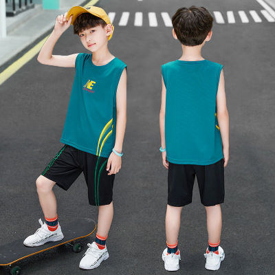 เทรนด์เสื้อกีฬาเด็กชุดแขนกุดบางแห้งเร็วสำหรับชุดกีฬาบาสเกตบอลเสื้อกล้ามฤดูร้อนเด็กผู้ชาย