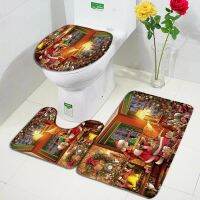 【cw】 Mats Sets Claus Xmas Fireplace Painting New Year Anti Rug Toilet Cover ！