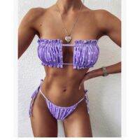 hotx 【cw】 New 2023 Floral Pleated Bandeau Swimsuit Female Swimwear Thong  Hollow Out Bikin