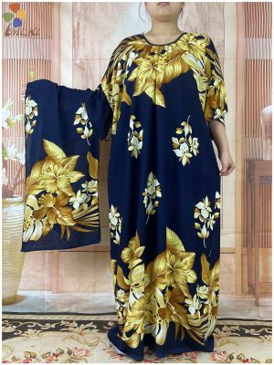 ชุดเดรสเข้ารูปพิมพ์ลายสำหรับสตรีชุดชุดเดรสลำลองทรงยาวฤดูร้อนแขนสั้นผ้าคอตตอนและพิมพ์ลายสไตล์มุสลิม