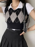 Guima Retro Contrast Color Diamond Knitted Vest Waistcoat Women S Preppy V-Neck Top