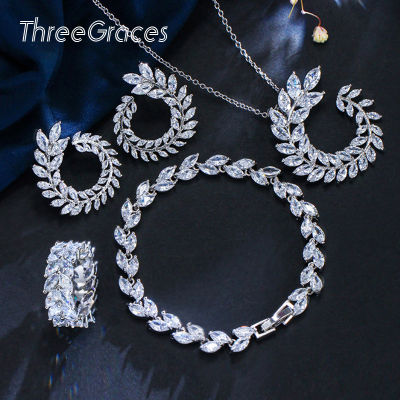 ThreeGraces Unique Design CZ Stone Sparkling Olive Branch Leaf Shape Rings Bracelets Earrings Necklace 4pcs Jewelry Sets JS253