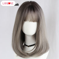 LANLOVE 42ซม.สั้นตรงเต็มวิกผม Bobo สไตล์ปานกลางต่อผม Air Bangs ญี่ปุ่นและคลิปเกาหลี-ฟรีวิกผมหมวก