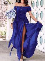 【YF】 Women Bohemian Belted Robes Celmia Sexy Off Shoulder Maxi Dress Summer Casual Ruffle Split Sundress Party Buttons Long Vestidos