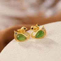 Cute minority temperament Swan lady Earrings 925 pure silver gold-plated natural Hotan jade Jasper Earrings ZA3B