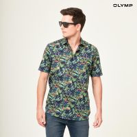 OLYMP GREEN CHOICE LUXOR Shirt เสื้อเชิ้ตรักษ์โลก สีน้ำเงิน ลายกราฟิกใบไม้ ทรงหลวม ใส่สบาย รีดง่าย