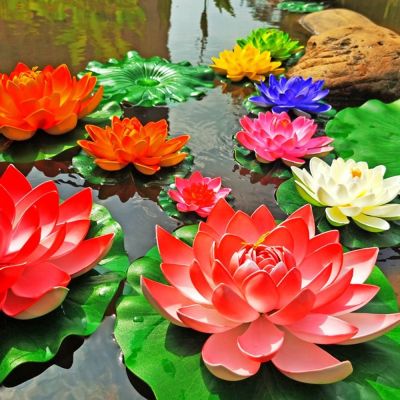 SDGBFTJJ น้ำพุลอยน้ำได้เหมือนจริงตกแต่งบ้านบ่อพืชดอกไม้ปลอมดอกไม้ประดิษฐ์ดอกบัวสระว่ายน้ำตกแต่ง