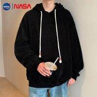 NASA เสื้อสเวตเตอร์ผ้าลูกฟูกมีฮู้ดแบบสวมหัวลายเหล็กสำหรับผู้ชายฤดูใบไม้ร่วงแบบอเมริกันวินเทจตัวอักษรพิมพ์เหล็กแมทช์ลุคง่ายสำหรับผู้ชาย ~