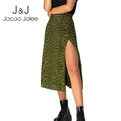 Jocoo Jolee Elegant Leopard Floral Printing Long Skirt Women Sexy High Waist Split Midi Skirts Office Lady Bodycon A Line Skirts