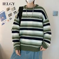 IELGY เสื้อแขนยาวคอกลมขี้เกียจทรงหลวมลายย้อนยุคของผู้ชาย