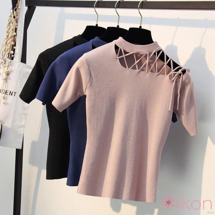 ikon-ready-stock-korean-women-hollow-out-cross-knitted-short-sleeve-tee-shirt
