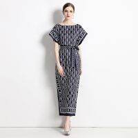 Womens Dress Fashion Real Shot Spot-Fashion All-Match Off-Neck Loose Drawstring Dress with Belt