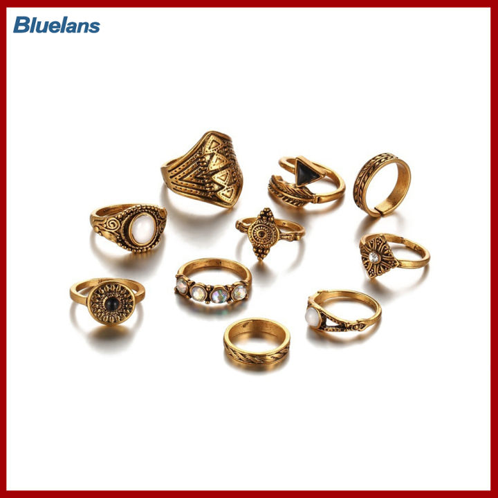 Bluelans®10ชิ้น/เซ็ต Boho ย้อนยุคสำหรับผู้หญิงดวงอาทิตย์ลูกธนูขนนกแหวนวงบางสนับแข้ง Midi แกะสลัก