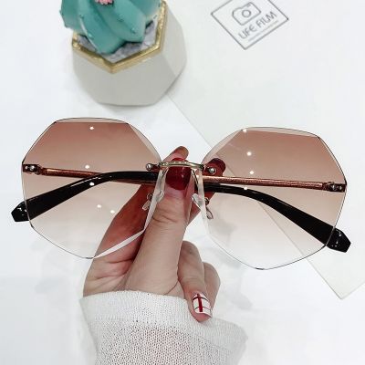 Retro Rimless Round Sunglasses Women Metal Gradient Sun Glasses Lady Vintage Designer Cutting Lens Frameless Shades Oculos