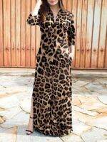 【Ladies shop】 VONDA Women Turbanshirtleopard Print Long SleeveRobe Street VestidoDown PolyesterDresses