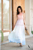 Maxi Dress ทรีโทน ผ้ามัดย้อมลายหวาน เนื้อผ้าพริ้วใส่สบาย สม๊อคช่วงเอว รูดคอ ดีไซน์น่ารัก