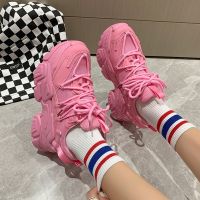 ☃☏ Lovely Pink Chunky Sneakers Women Thick Sole Sport Shoes Fashion Casual Dad Shoes Summer Footwear 2022 Women 39;s Vulcanized Shoes