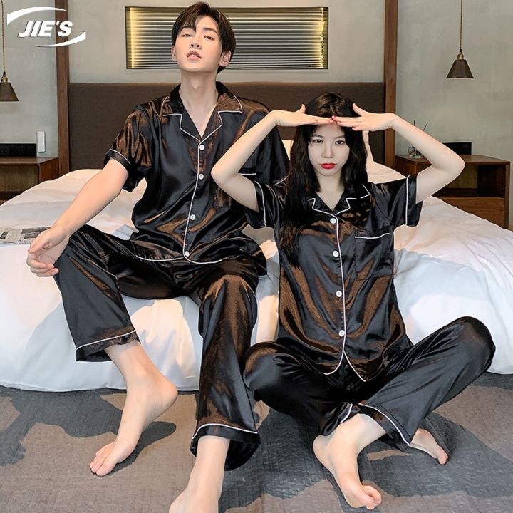 terno-ชุดนอนสตรีแบบ-pambahay-ชุดนอนสตรีแบบเกาหลีดีไซน์แบบคู่รักน่ารักพื้นสวมใส่สบายเสื้อแขนสั้นผ้าไหมชุดนอนสำหรับทุกเพศ