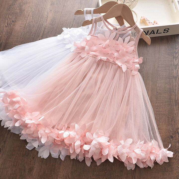 Kids Girls Baptismal Christening Dress Summer Mesh Girl Clothes Pink