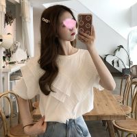 [COD] Ruffle edge stitching short-sleeved T-shirt womens summer 2022 new loose Korean design sense niche top ins tide