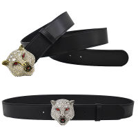 Western Rhinestone Tiger Design Alloy Black Leather Men Belt Fashion Jeans Causal Pants Men Belt