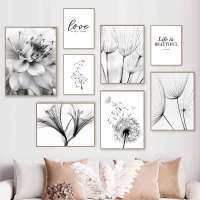 Nordic Abstract Dandelion ดอกไม้ผ้าใบพิมพ์ Modern Wall Art สำหรับห้องนั่งเล่นตกแต่งบ้าน-สีดำและสีขาว