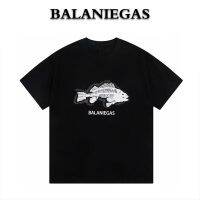 เหมากี้!Balenciagaจุดสำคัญเสื้อคู่ลายปลาคอกลมหลวมและอเนกประสงค์มีเสื้อยืดแขนสั้นแบบเดียวกันน้ำขึ้นน้ำลง