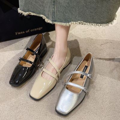 French Mary Jane รองเท้าส้นรองเท้าเดี่ยวส้นแบนส้นหนาหัวสี่เหลี่ยมรองเท้าหนังขนาดเล็ก
