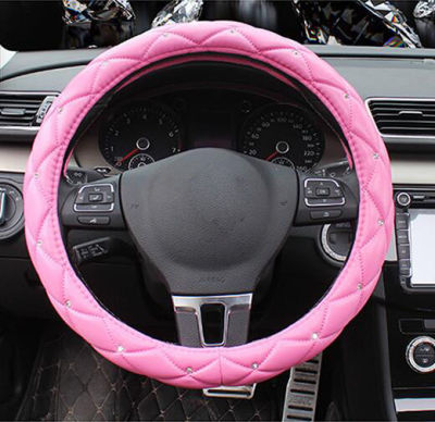 Leather Steering Wheel Covers Crystal Studded Rhinestone Car Steering-Wheel Cover Cases Pink Car Interior Accessories For Girls