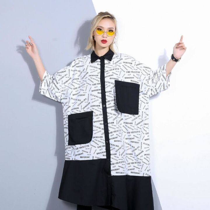xitao-shirt-dress-contrast-color-printed-fashion-loose-womens-letter-patchwork-dress
