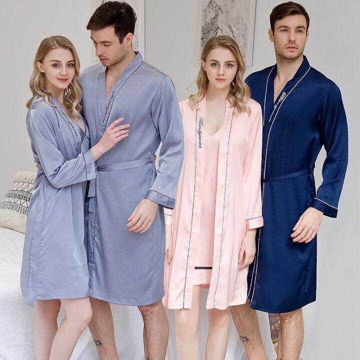 2023 Spring Summer Couple Long Sleeve Silk Satin Kimono Robes Sets For
