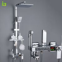 Long Spout Display Thermostatic Shower Faucet Set Rainfall Bathtub Tap With Bathroom Shelf Water Flow Produces Electricity Showerheads