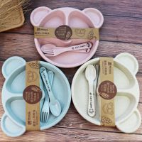 Baby Eating Bowl + Spoon + Fork Feeding Food Tableware Safe Cartoon Bear Children Baby Cutlery Set Anti-Scalding Training Plate