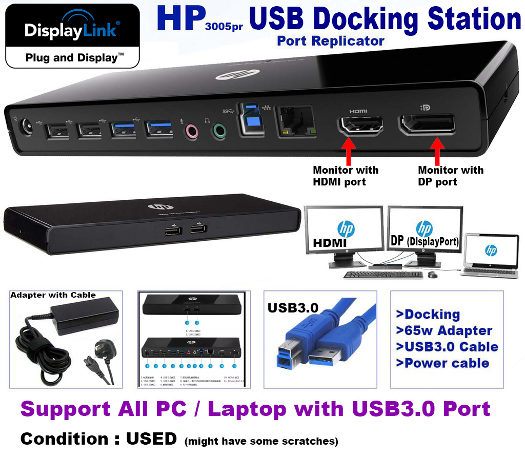 HP Universal Docking Station 3005pr HSTNN-ix06 USB 3.0 Port Replicator 