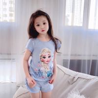 2023 New Casual Frozen Elsa Childrens Summer Short Sleeve Pajamas Cartoon Suit Girls Set Clothes Cotton Kids Pajamas Costumes