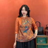 Women Linen Chinese Style Embroidered Qipao Tops Ethnic Style Vintage Elegant Cheongsam Shirts Casual Blouse Oriental Clothing